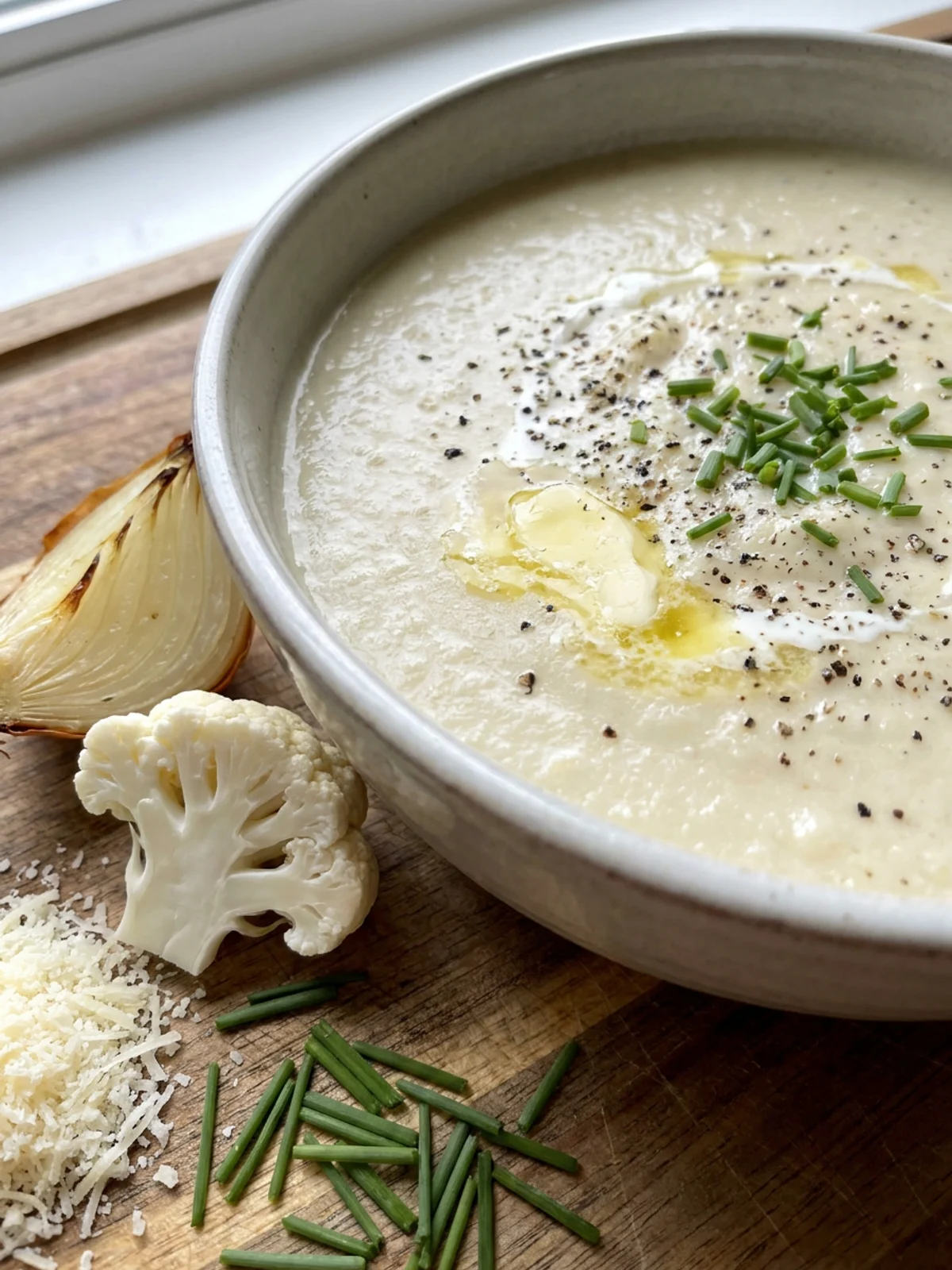 Ingredients for cauliflower soup including cauliflower, onion, garlic, and Parmesan cheese.