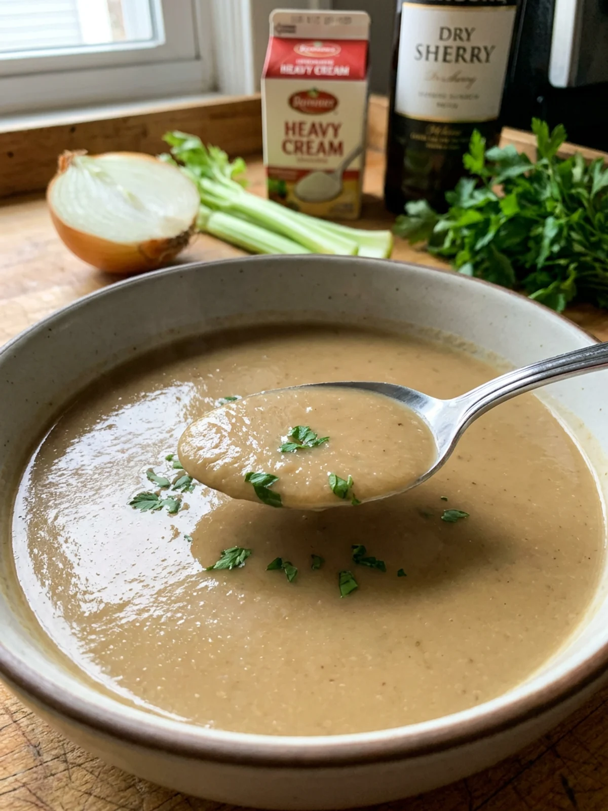 A close-up of a white bowl filled with creamy chestnut soup.