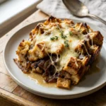 A close-up of golden brown French onion stuffing with melted, bubbly cheese in a white dish.