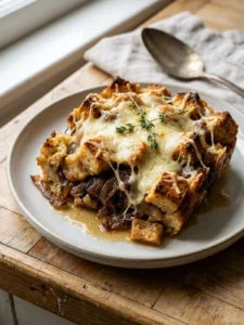 A close-up of golden brown French onion stuffing with melted, bubbly cheese in a white dish.