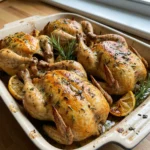 A serving platter with four herb roasted Cornish hens garnished with lemon.