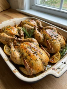 A serving platter with four herb roasted Cornish hens garnished with lemon.