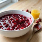 A close-up of glossy, dark red cranberry sauce in a small white serving bowl.