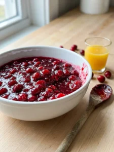 A close-up of glossy, dark red cranberry sauce in a small white serving bowl.