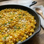Close-up shot showing the texture of skillet corn coated in a sweet honey butter sauce.