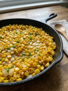 Close-up shot showing the texture of skillet corn coated in a sweet honey butter sauce.