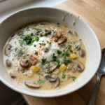 A large pot on a stove with mushrooms and onions cooking in butter.