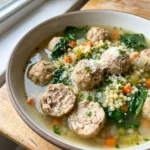 A white bowl filled with Italian wedding soup, showing meatballs, pasta, and greens.