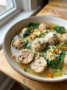 A white bowl filled with Italian wedding soup, showing meatballs, pasta, and greens.