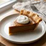 A close-up of a slice of pumpkin pie, showing the flaky crust and smooth, dense filling.
