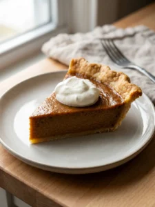 A close-up of a slice of pumpkin pie, showing the flaky crust and smooth, dense filling.