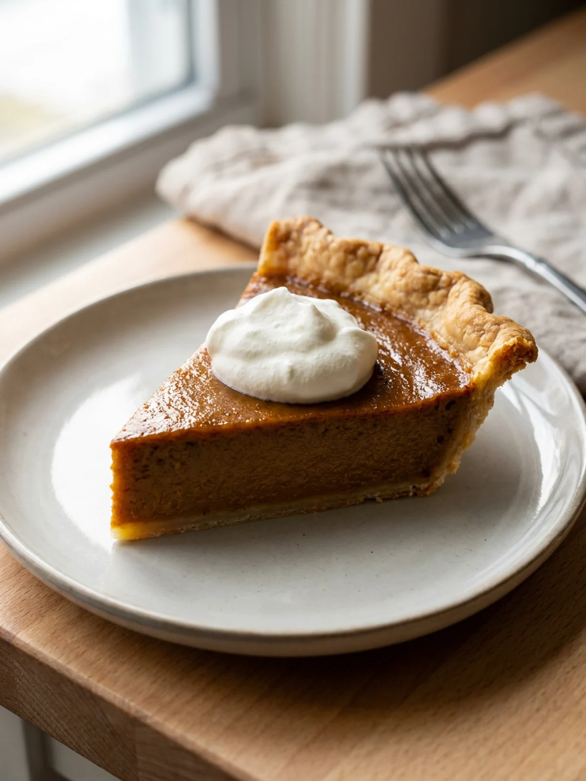 A close-up of a slice of pumpkin pie, showing the flaky crust and smooth, dense filling.