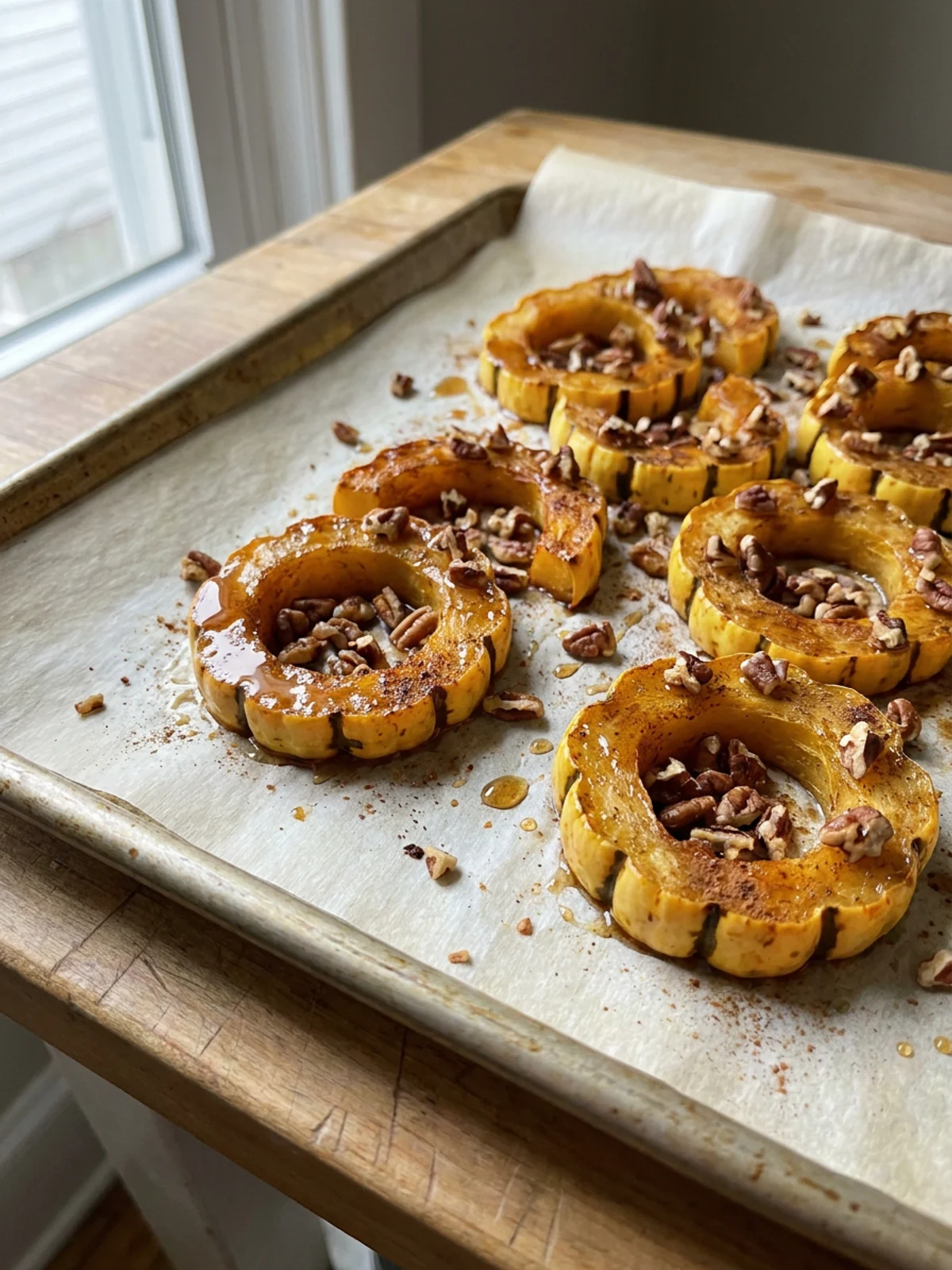 A top-down view of maple roasted delicata squash on a white serving plate.