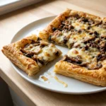 A slice of the mushroom and Gruyère tart on a white plate next to a simple green salad.