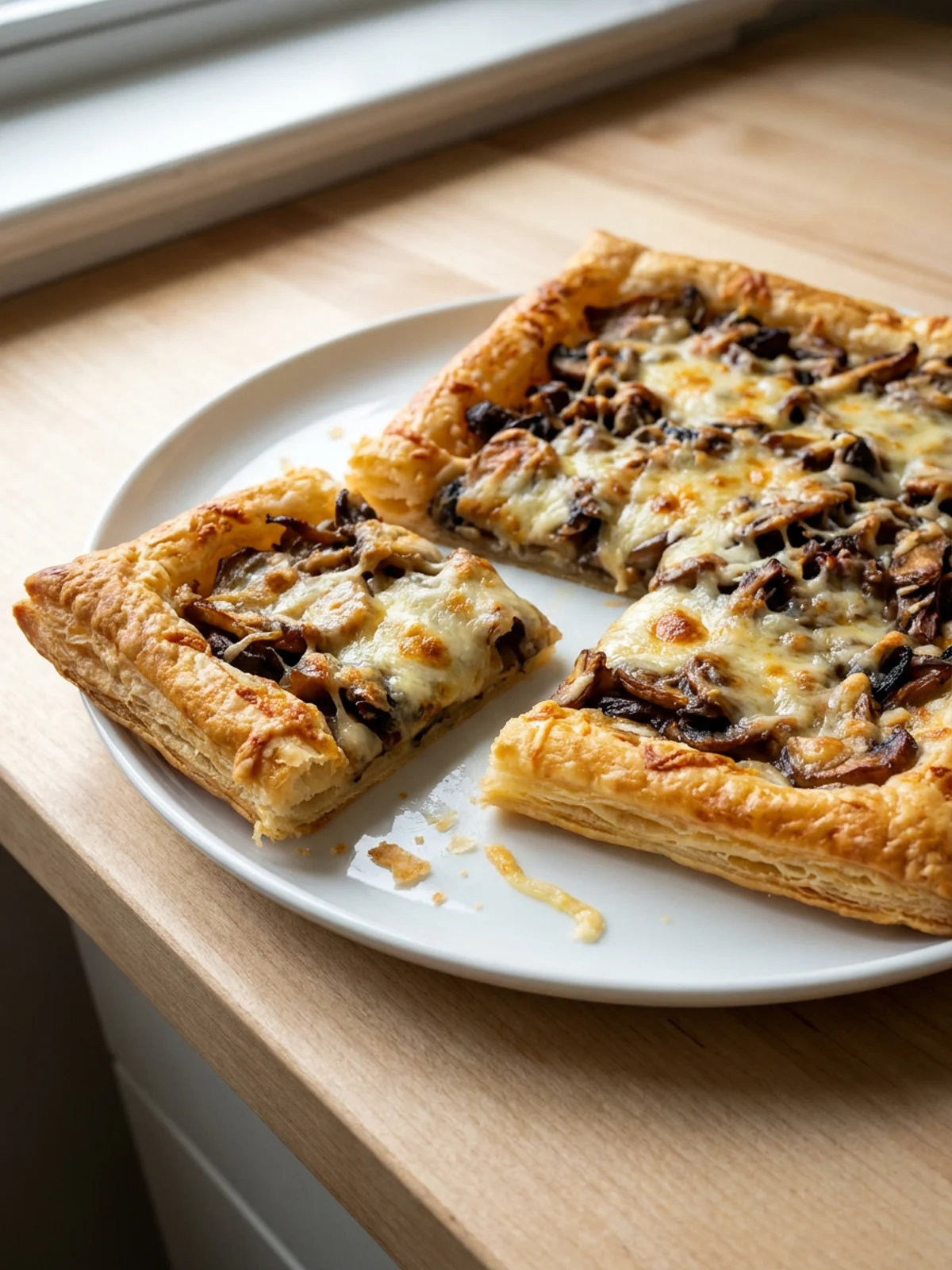 A slice of the mushroom and Gruyère tart on a white plate next to a simple green salad.
