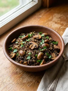 A spoonful of mushroom wild rice pilaf showing the texture of the grains.