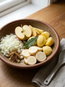 A spoonful of smooth parsnip soup being lifted from a rustic bowl.