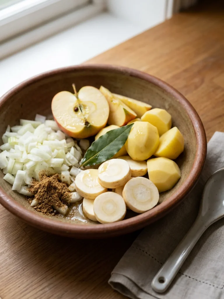 A spoonful of smooth parsnip soup being lifted from a rustic bowl.