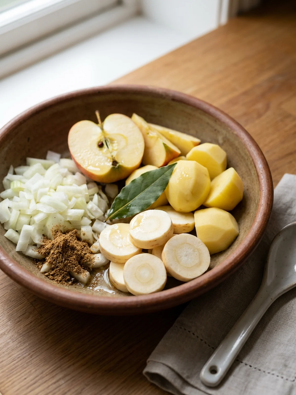 A spoonful of smooth parsnip soup being lifted from a rustic bowl.