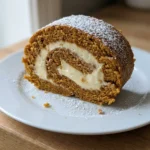 A baker's hands rolling a warm pumpkin cake in a powdered sugar-dusted towel.