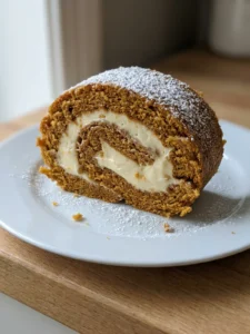 A baker's hands rolling a warm pumpkin cake in a powdered sugar-dusted towel.