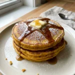 A tall stack of golden pumpkin pancakes on a white plate, with syrup dripping down the sides.