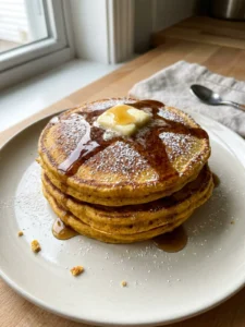 A tall stack of golden pumpkin pancakes on a white plate, with syrup dripping down the sides.