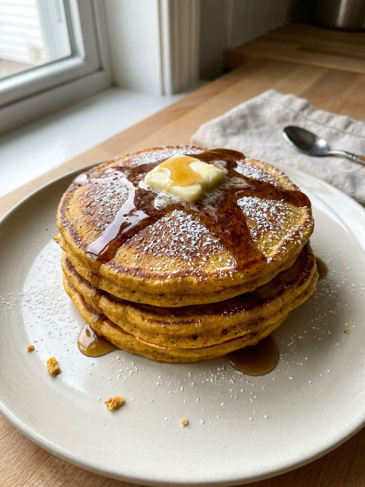 A tall stack of golden pumpkin pancakes on a white plate, with syrup dripping down the sides.