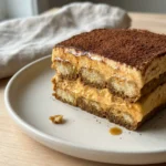 A close-up of a fork taking a bite from a slice of pumpkin tiramisu.