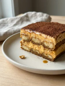 A close-up of a fork taking a bite from a slice of pumpkin tiramisu.