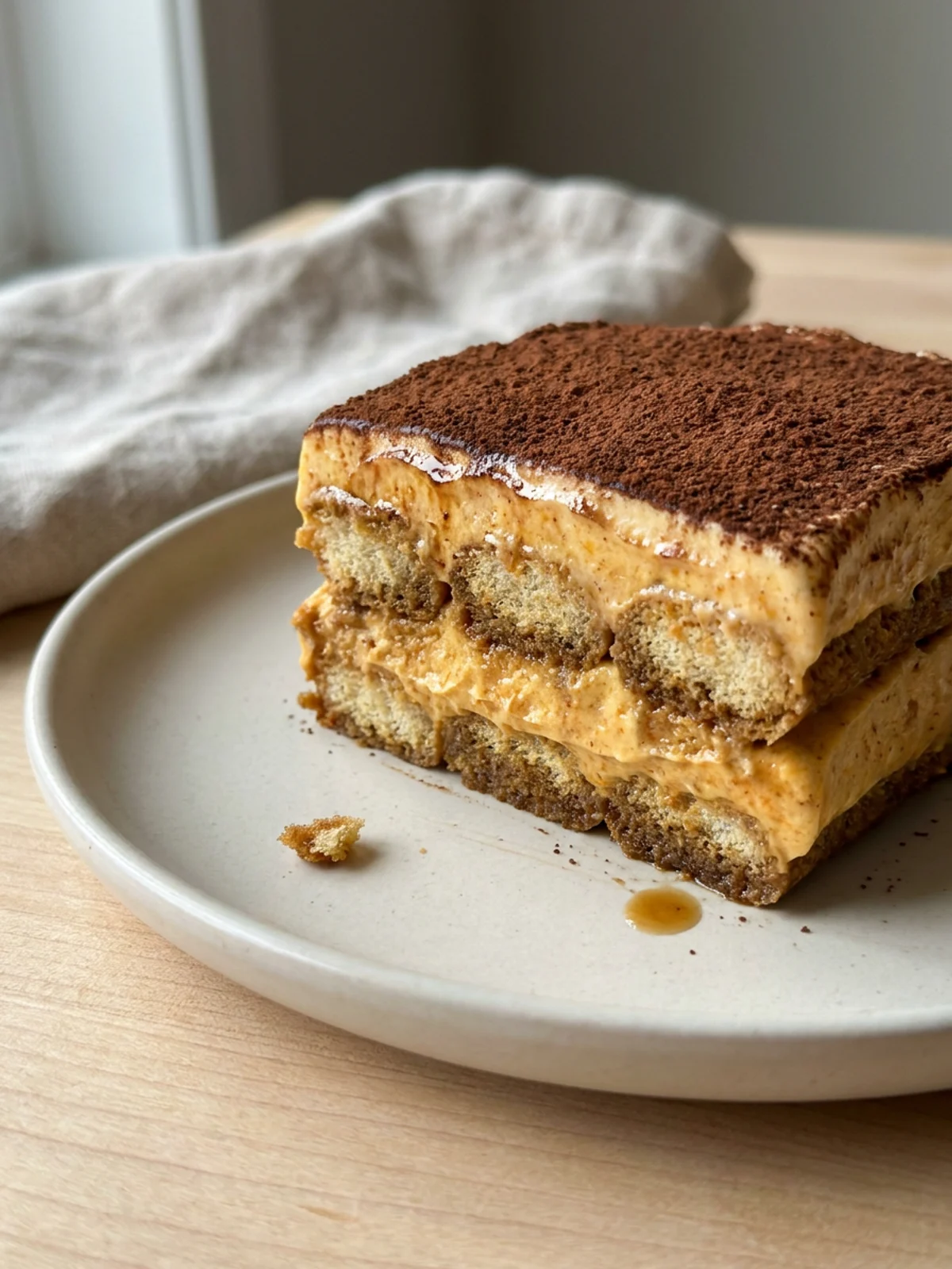 A close-up of a fork taking a bite from a slice of pumpkin tiramisu.