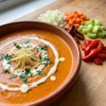 A hand holding an immersion blender in a pot of bright red soup.
