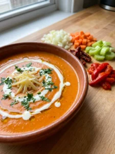 A hand holding an immersion blender in a pot of bright red soup.