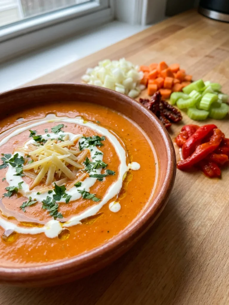 A hand holding an immersion blender in a pot of bright red soup.
