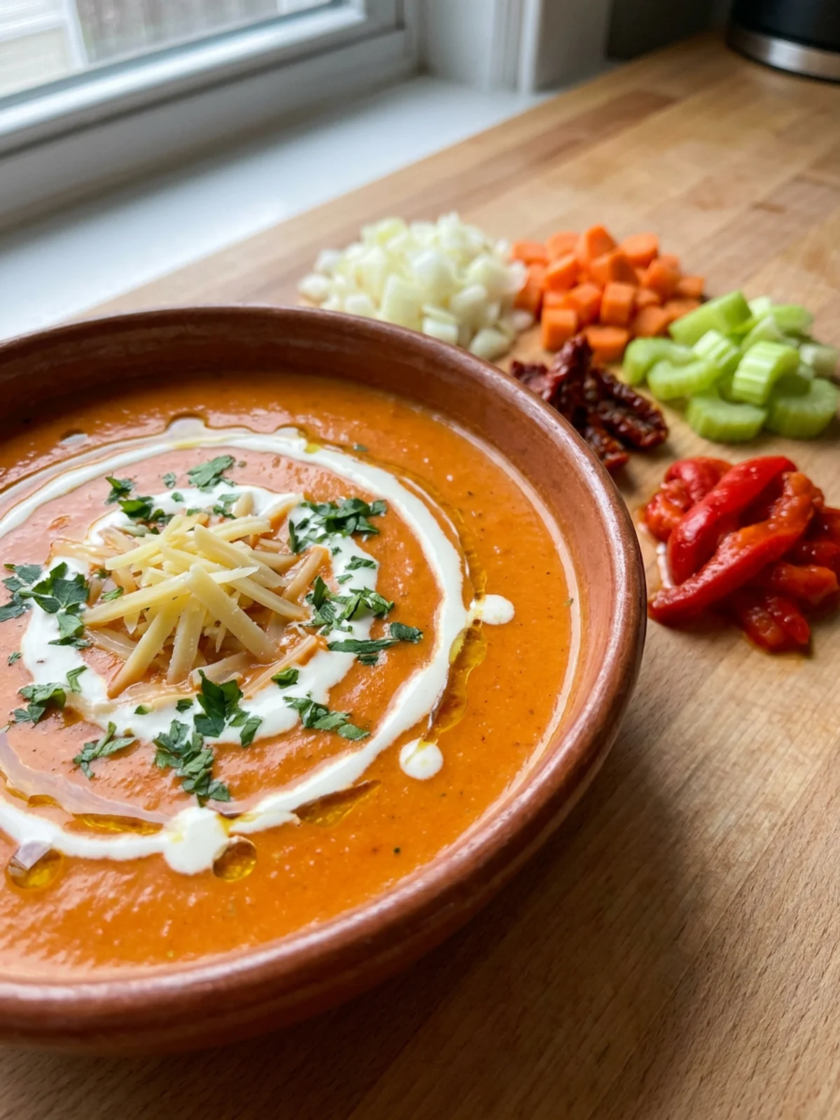 A hand holding an immersion blender in a pot of bright red soup.