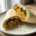Two halves of a roasted squash wrap showing layers of hummus, squash, and spinach.