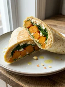 Two halves of a roasted squash wrap showing layers of hummus, squash, and spinach.