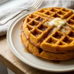 A close up of two golden-brown sweet potato waffles on a white plate.