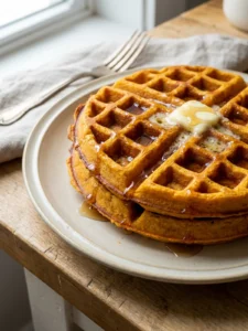 A close up of two golden-brown sweet potato waffles on a white plate.