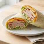 A whole turkey cheddar wrap next to one that is sliced in half.