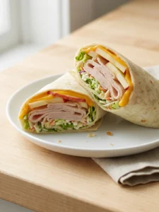 A whole turkey cheddar wrap next to one that is sliced in half.